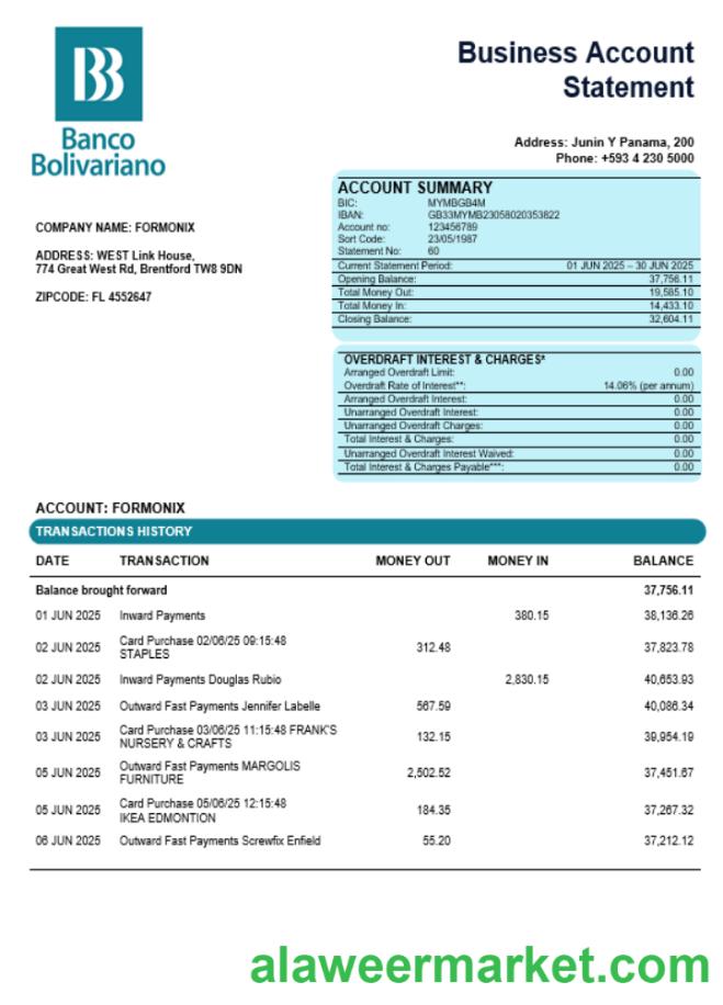 Banco Bolivariano company statement Word and PDF format